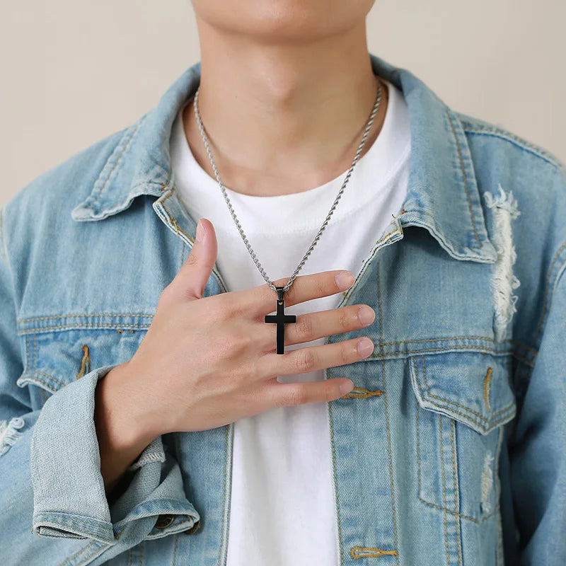 Simple Plain Cross Prayer Pendant Necklaces for Men, Anti Allergy Stainless Steel Religious Faith Collar Jewelry  (GoldenCity)