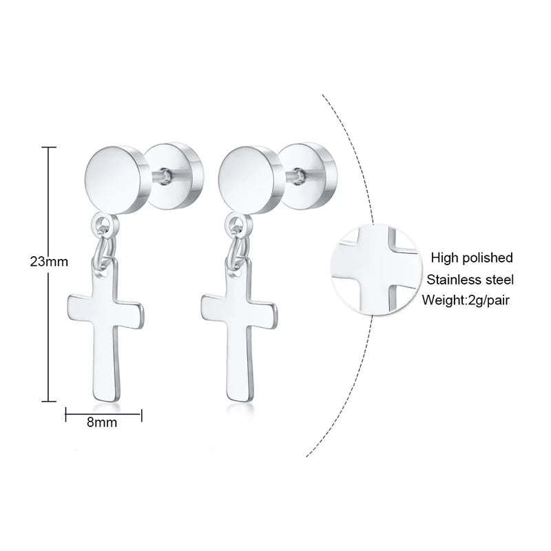 Simple Cross Dangle Earrings for Men Women Minimalist Stainless Steel Drop Small Hoop Metal Ear Jewelry Anti Allergy  (GoldenCity)