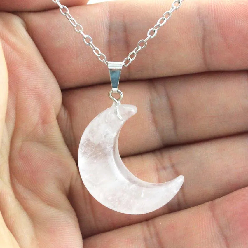 Natural Crystal Stone Crescent Moon Pendant Healing Crystals Quartz Reiki Labradorite Earrings Pendant Necklace For Women Girls  (GoldenCity)