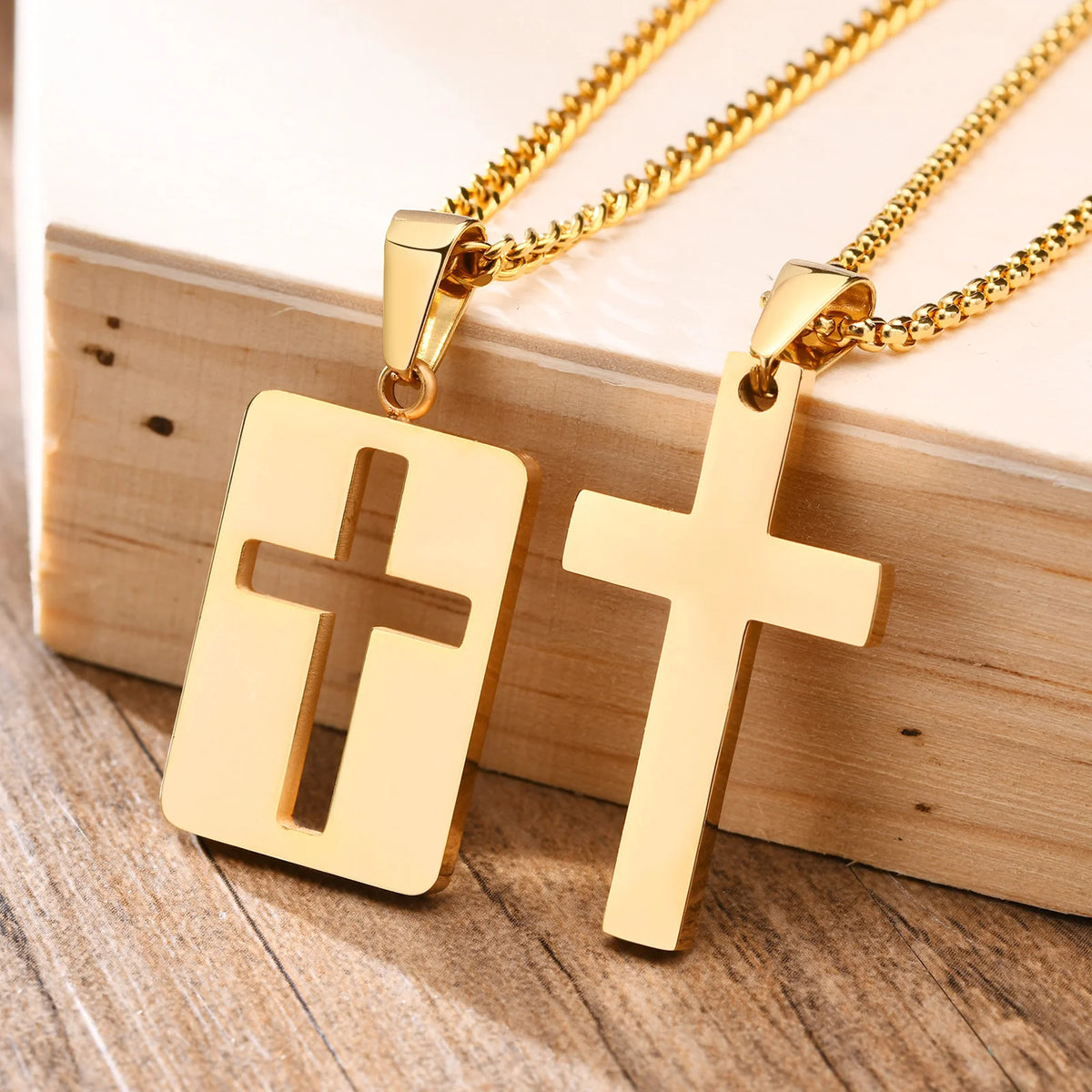 Simple Plain Cross Pendant and Dogtag Duo Necklace Set for Men Women,High Polished Stainless Steel Christian Prayer Jewelry  (GoldenCity)