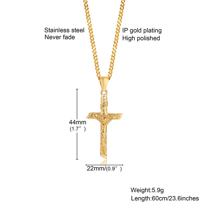 Cross Necklace for Men Women,Catholicism Jesus Pendant,Gold Color Stainless Steel Unisex Collar,Church Prayer Faith Jewelry  (GoldenCity)