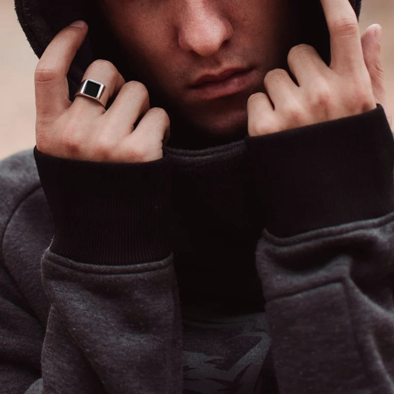 Gothic Punk Rings for Men Signet Rings Round Square Top Stamp Finger Band Chunky Boys Teens Rock Jewelry Fraternal Rings  (GoldenCity)