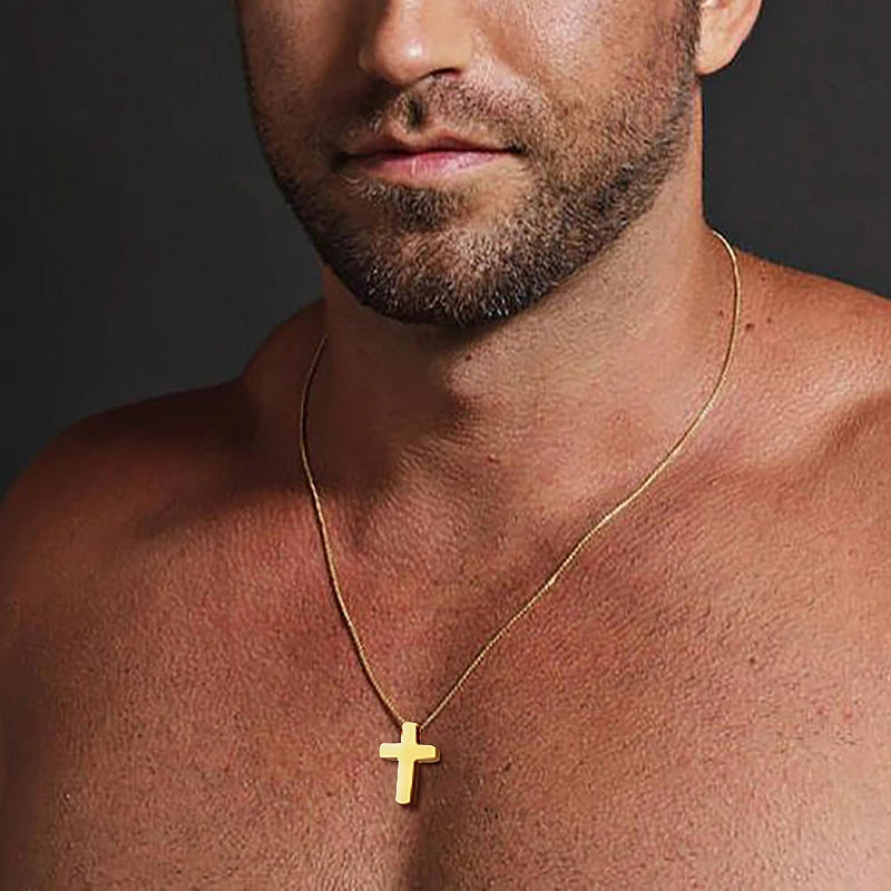 Men's Small Cross Pendant Simple Classic Stainless Steel Jesus Christ Necklaces Religious Women Unisex Jewelry 20" Chain  (GoldenCity)