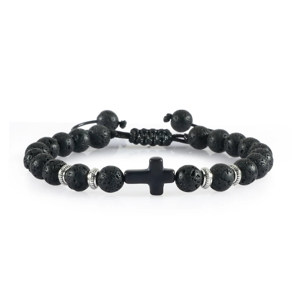 Prayer Men Women Bracelet Hematite Cross Rosary Natural Stone Beads Jesus Onyx Meditation Bracelets Bangles Jewelry Gift Pulsera  (GoldenCity)