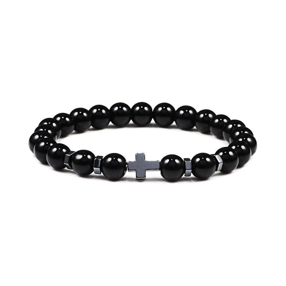 Natural Lava Stone Bead Bracelet Men Prayer Meditation Hematite Cross Jesus Thin Couple Bangles Pulsera Jewelry Gifts for Friend  (GoldenCity)