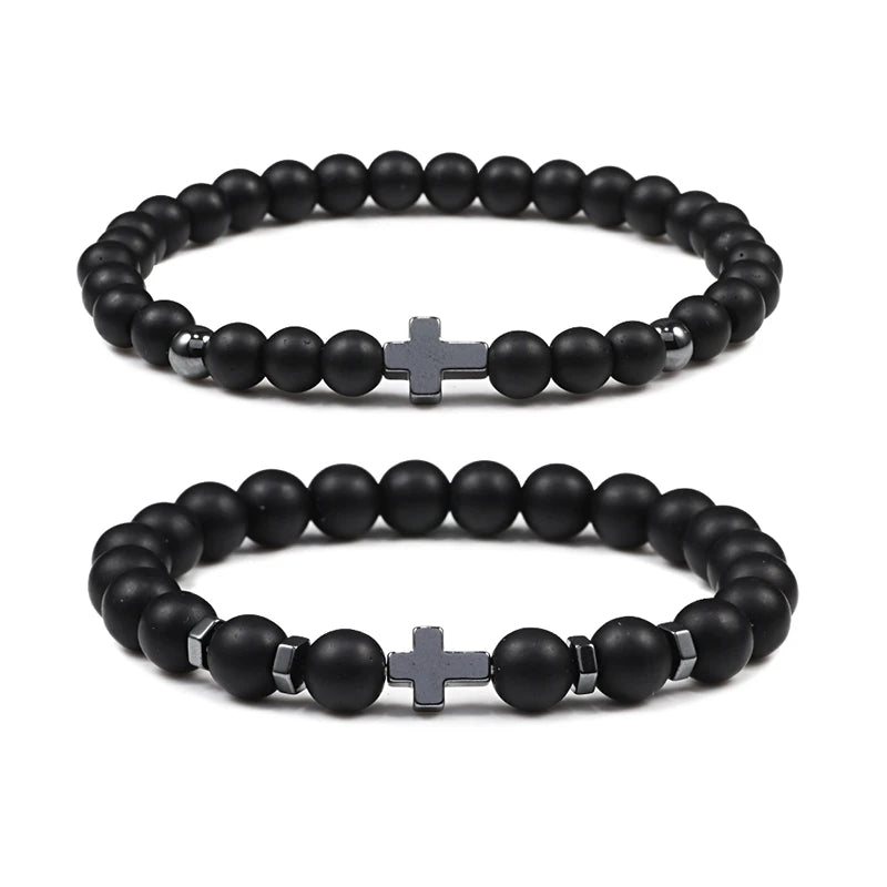 Natural Lava Stone Bead Bracelet Men Prayer Meditation Hematite Cross Jesus Thin Couple Bangles Pulsera Jewelry Gifts for Friend  (GoldenCity)