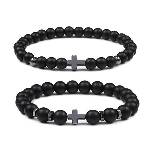 Natural Lava Stone Bead Bracelet Men Prayer Meditation Hematite Cross Jesus Thin Couple Bangles Pulsera Jewelry Gifts for Friend  (GoldenCity)