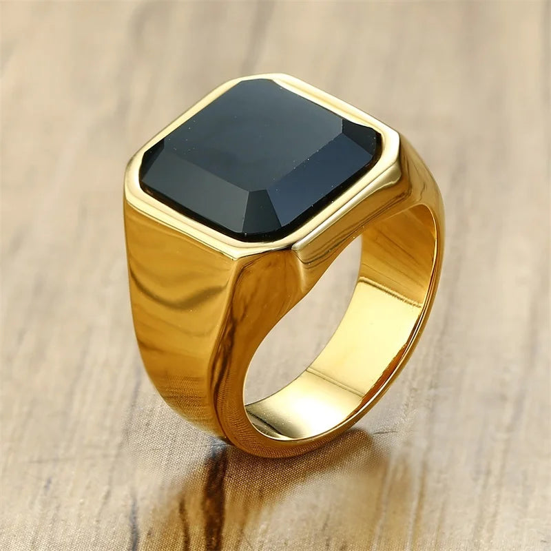 Gothic Punk Rings for Men Signet Rings Round Square Top Stamp Finger Band Chunky Boys Teens Rock Jewelry Fraternal Rings  (GoldenCity)