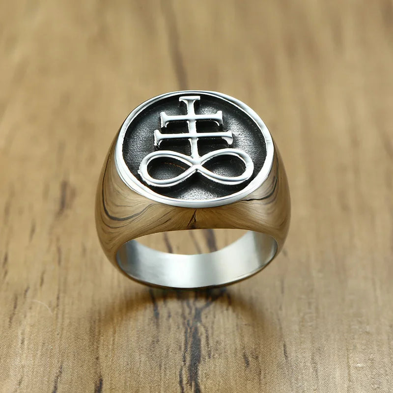 Gothic Punk Rings for Men Signet Rings Round Square Top Stamp Finger Band Chunky Boys Teens Rock Jewelry Fraternal Rings  (GoldenCity)