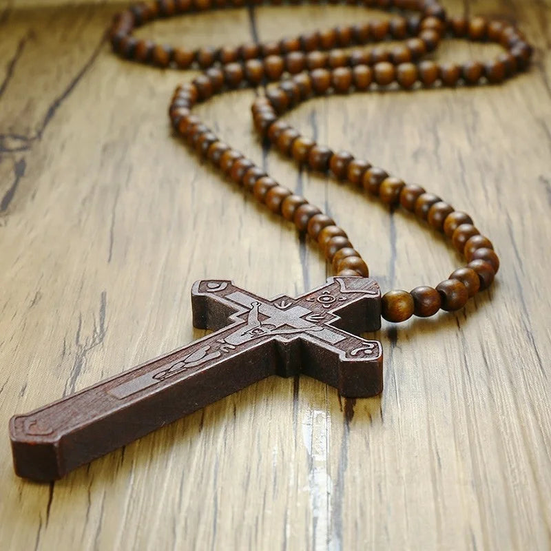 36" Long Rosary Necklace Large Wood Jesus Christ Cross Pendant With Wooden Beads Sweater Chain Male Collier Statement Jewel  (GoldenCity)