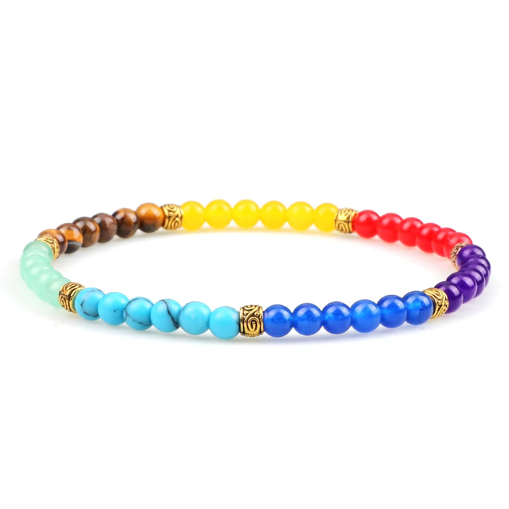 Minimalist 4 6MM 7 Chakra Natural Stone Bracelet Women Yoga Elastic Rope Bracelets Couple Adjustable Braided Bangles Jewelry New  (GoldenCity)