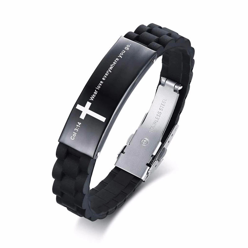 Religious Cross Jesus Scripture Quote Christian Bible Verse Inspiring Faith Silicone Bracelets for Men Personalize Gift  (GoldenCity)