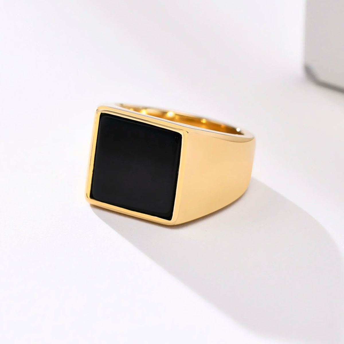 12.5mm Signet Ring for Men, Black Square Top Stainless Steel Finger Band, Gothic Punk Rock Boy Stamp Rings  (GoldenCity)