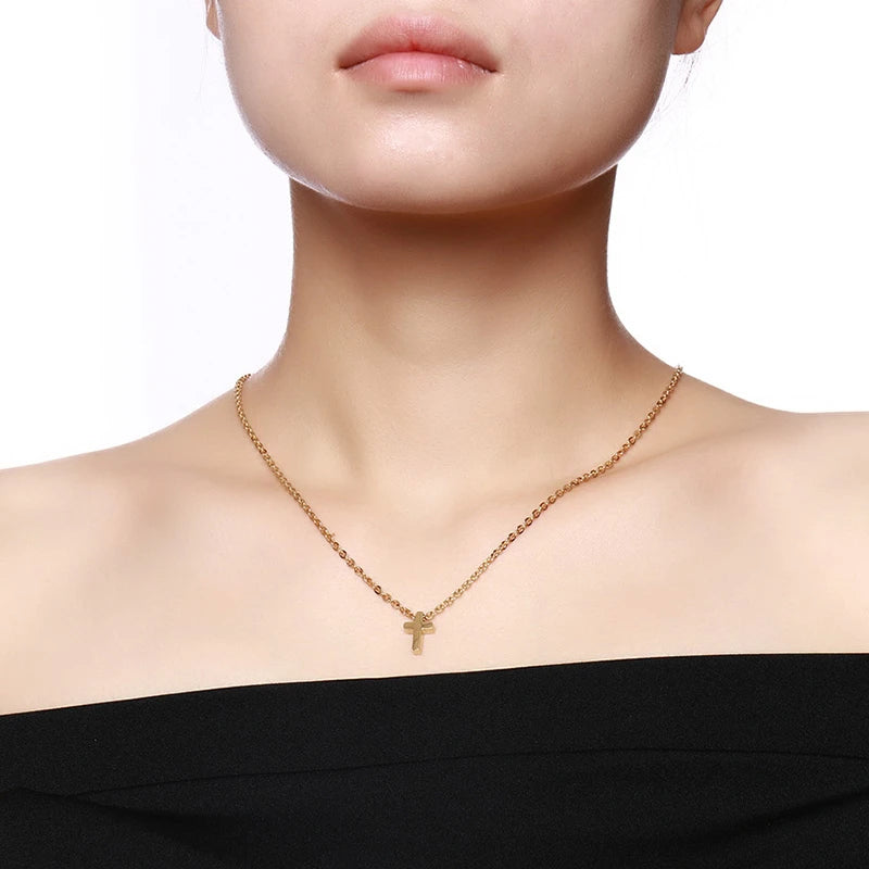 Men's Small Cross Pendant Simple Classic Stainless Steel Jesus Christ Necklaces Religious Women Unisex Jewelry 20" Chain  (GoldenCity)