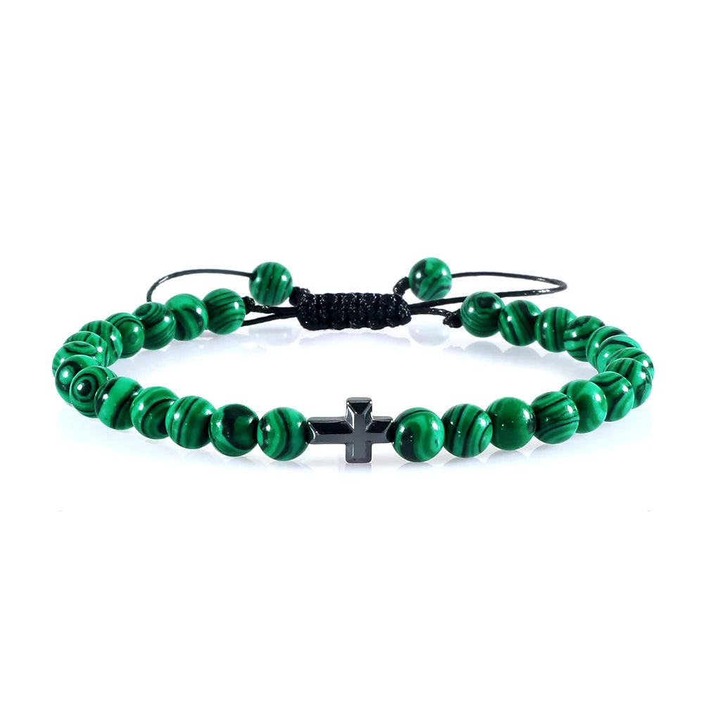 Charm 6mm Natural Stone Beads Braided Bracelet Prayer Men Women Christian Jesus Bless Cross Bracelets Bangles Friendship Jewelry  (GoldenCity)