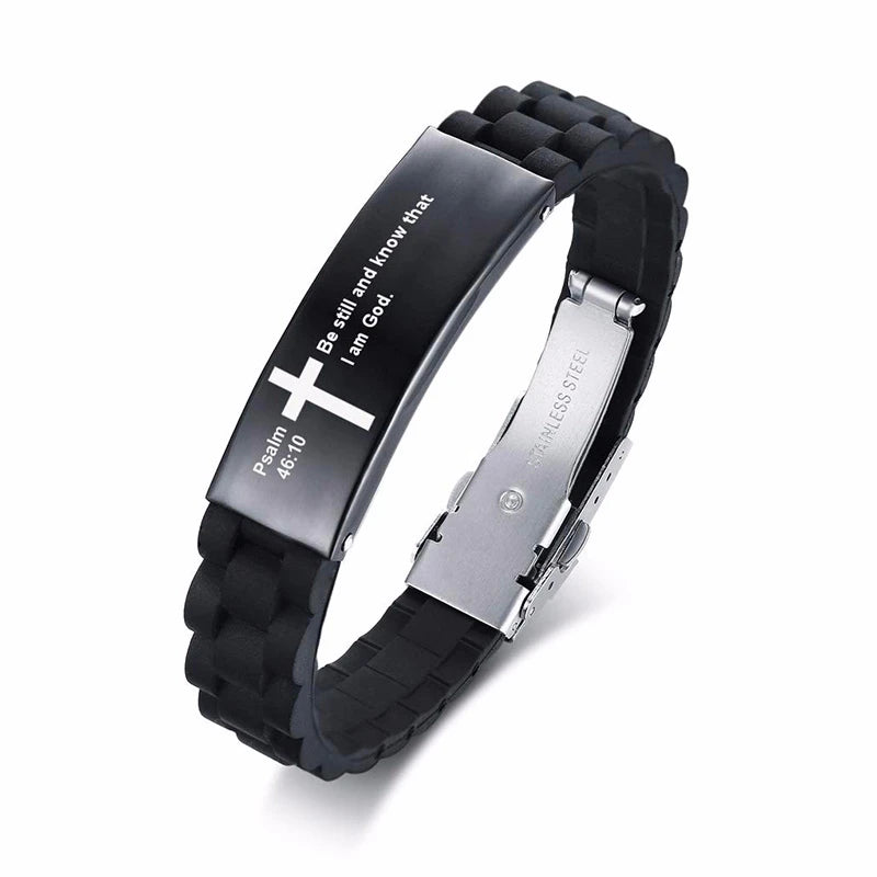 Religious Cross Jesus Scripture Quote Christian Bible Verse Inspiring Faith Silicone Bracelets for Men Personalize Gift  (GoldenCity)