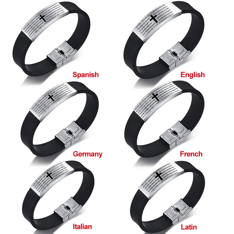 Russian Germany Latin Assorted Version Bible Verse Bracelets for Men The Lords Prayer Quotes Christian Prayer Cross Bangle  (GoldenCity)