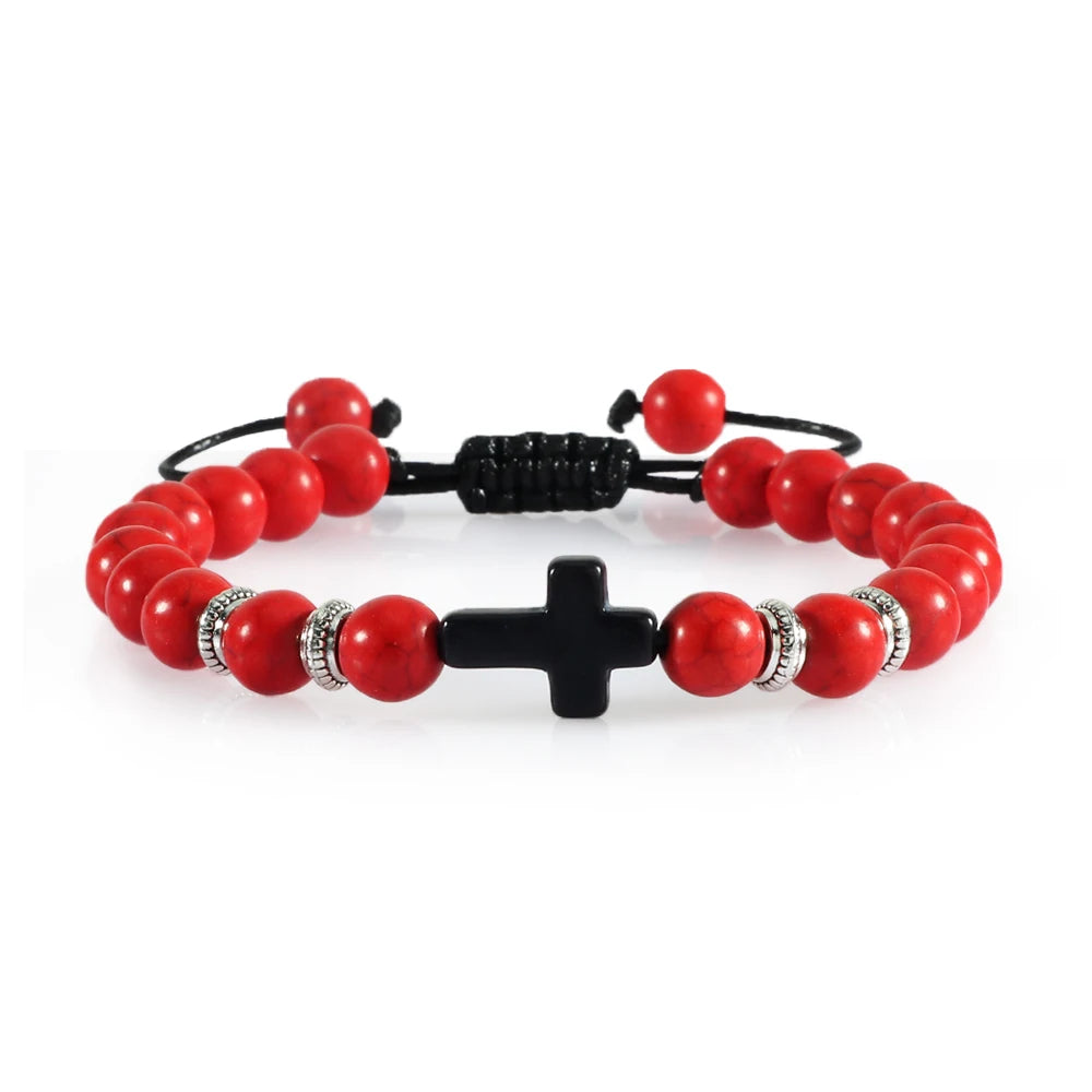 Prayer Men Women Bracelet Hematite Cross Rosary Natural Stone Beads Jesus Onyx Meditation Bracelets Bangles Jewelry Gift Pulsera  (GoldenCity)
