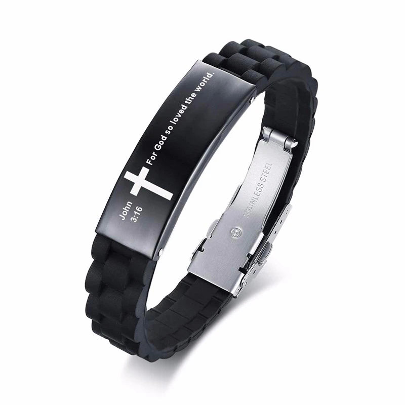 Religious Cross Jesus Scripture Quote Christian Bible Verse Inspiring Faith Silicone Bracelets for Men Personalize Gift  (GoldenCity)