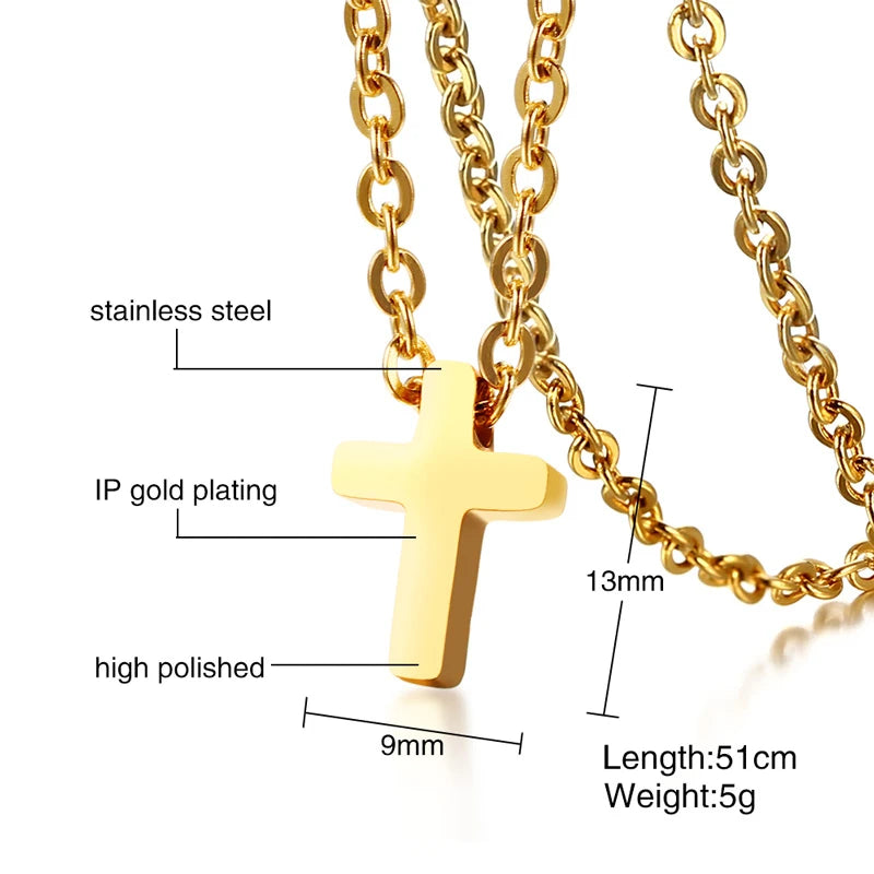 Men's Small Cross Pendant Simple Classic Stainless Steel Jesus Christ Necklaces Religious Women Unisex Jewelry 20" Chain  (GoldenCity)