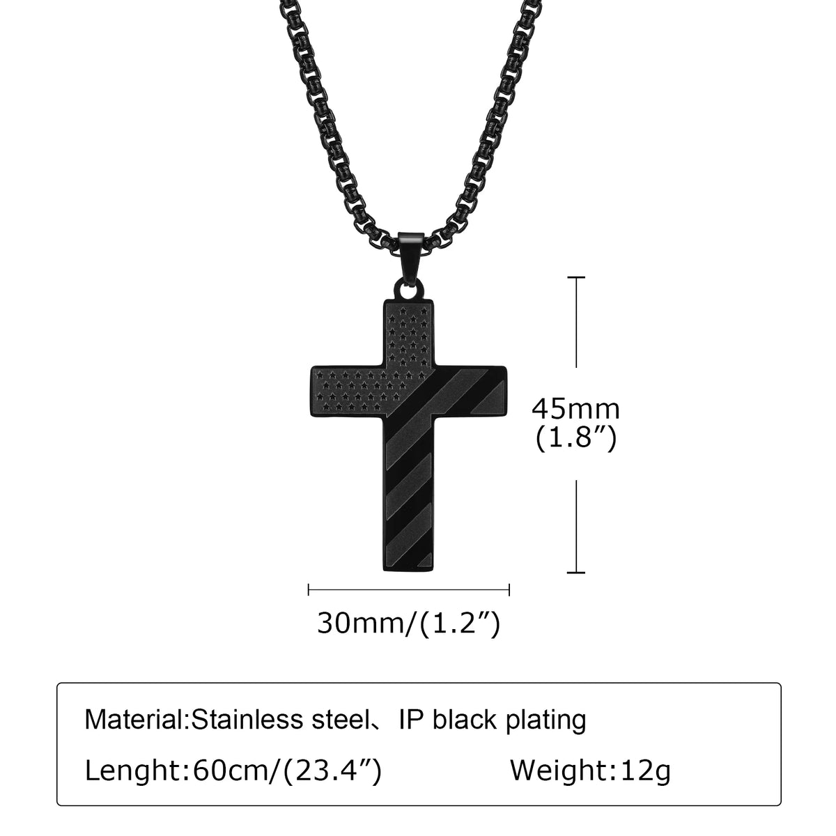 American Flag Cross Pendant Necklace for Men, Bold US Flag Textured Pendant, Black Stainless Steel Faith Jewelry  (GoldenCity)