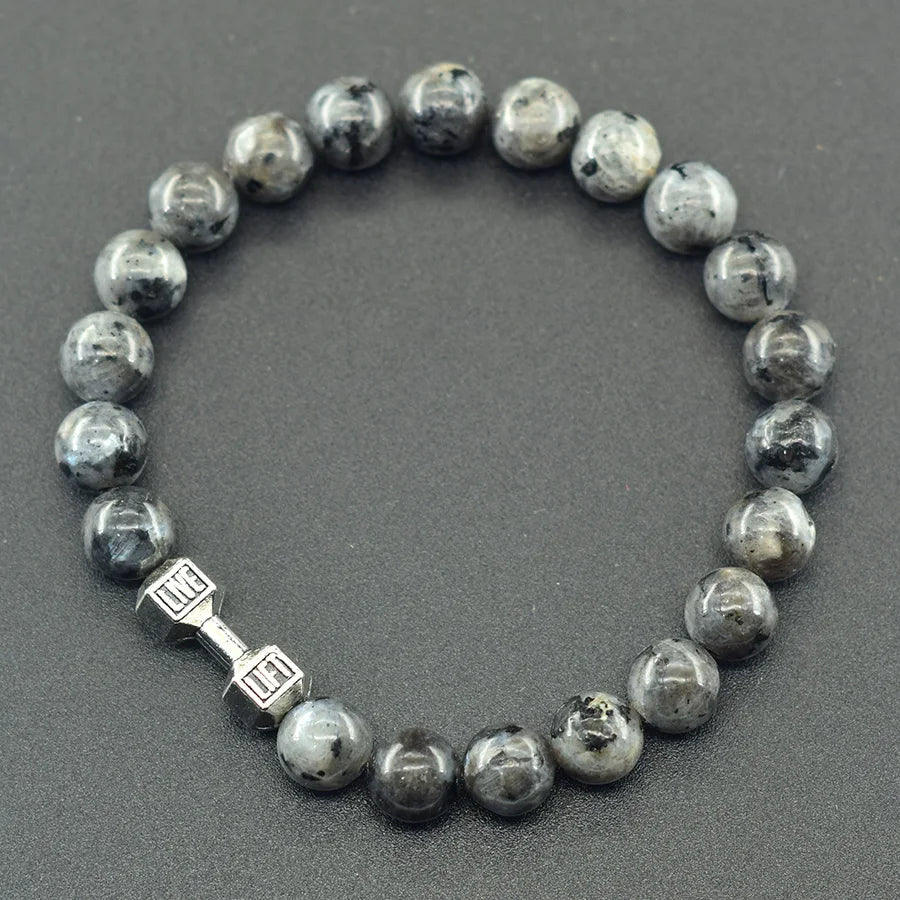 Natural Volcanic Stone Bracelet Men Matte Black Lava Obsidian Beads Charm Dumbbell Strand Bracelet Women Barbell Fitness Jewelry  (GoldenCity)