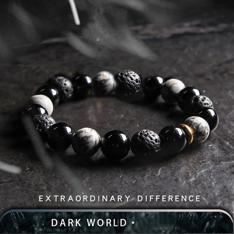 Dark Series Retro Natural Black Onyx Volcanic Rock Map Stone Beads Bracelet Homme Copper Accessories Lava Jewelry for Women Gift  (GoldenCity)