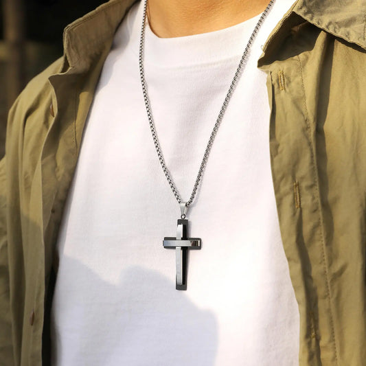 Chunky Double Layers Cross Necklaces for Men, Two Tones Cross Pendant with Box Chain, Religion Prayer Collar  (GoldenCity)