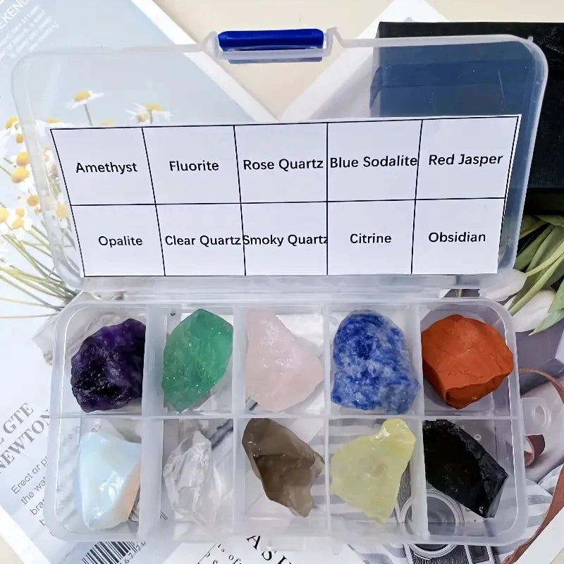 10PCs/Box Natural Crystal Rough Raw Set Energy Gemstones Rough Rocks And Mineral Chakra Stone With Box  (GoldenCity)