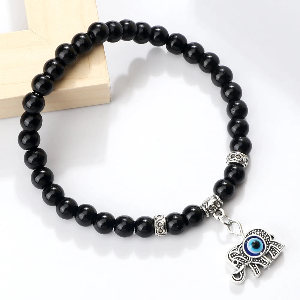New 6MM Black Polish Beaded Bracelet Lucky Turkish Evil Eye Alloy Pendant Couple Bracelet&Bangles Chain Jewelry Gift for Friend  (GoldenCity)