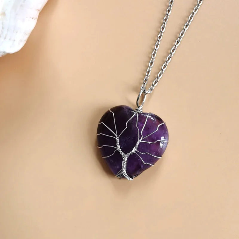 Natural Stone Tree of Life Wire Wrapped Love Heart Necklace Pendant Natural Stone Tiger Eye Pink Quartz Black Agate For Women  (GoldenCity)