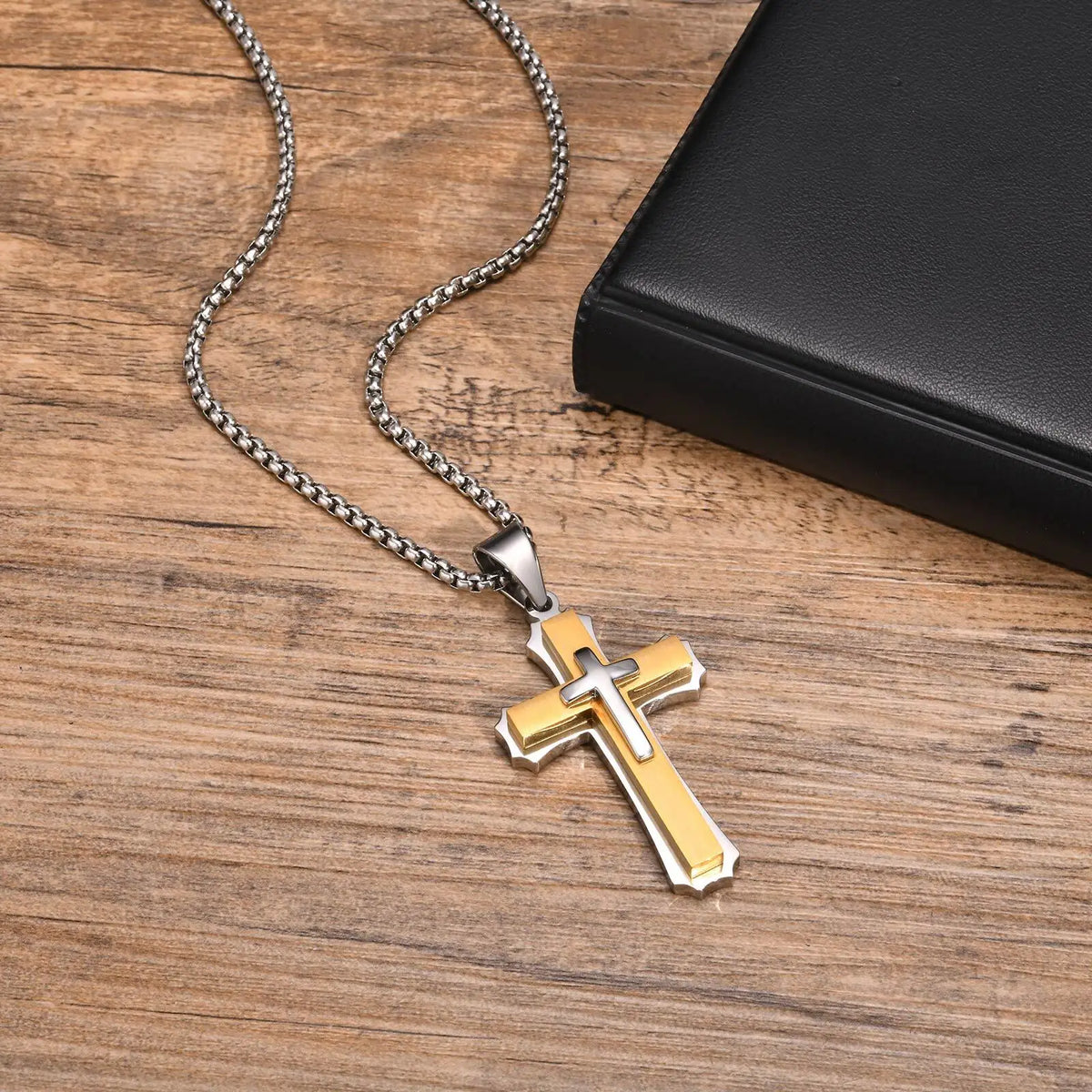 Chunky Three Layered Cross Necklaces for Men, Black Silver Color Stainless Steel Bold Faith Cross Pendant,Hip Hop Necklace  (GoldenCity)