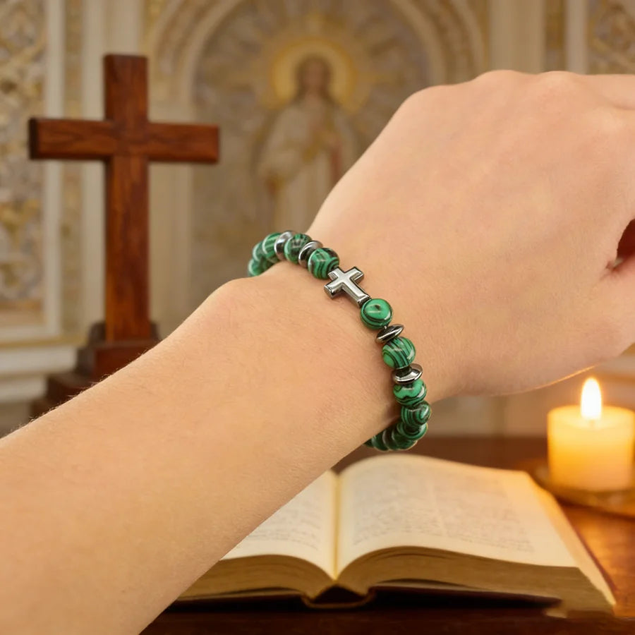 Cross Charm Natural Stone Bracelet Malachite Beaded Bracelet Handmade Men Women Prayer Fitness Chain Couple Matching Jewelry  (GoldenCity)