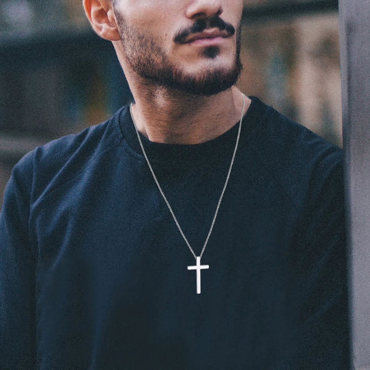 Cross Necklaces for Men Women, Simple Plain Black Silver Color Stainless Steel Thick Cross Pendant with Box Chain  (GoldenCity)