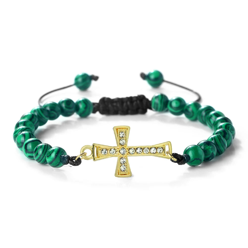 New Charm Jesus Cross Pendant Braided Bracelet 6mm Black Matte Malachite Couple Bracelet Women Men Healing Jewelry Gift  (GoldenCity)