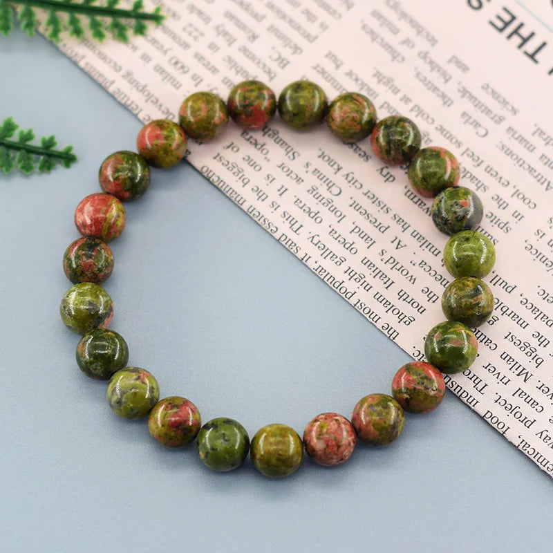Original Natural Unakite Stone Beads Bracelet Women Men Hualubao Green Gemstone Bohemia Style Elastic Rope Bracelet Jewelry Gift  (GoldenCity)