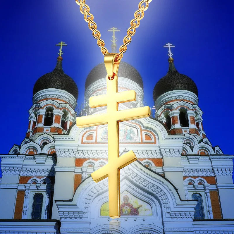 Christian Orthodox Crucifix Jesus Necklaces Russian Cross Prayer Big Pendant Gold Color INRI Crucifix Cross Men Necklace  (GoldenCity)