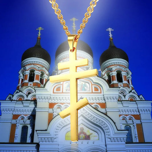 Christian Orthodox Crucifix Jesus Necklaces Russian Cross Prayer Big Pendant Gold Color INRI Crucifix Cross Men Necklace  (GoldenCity)