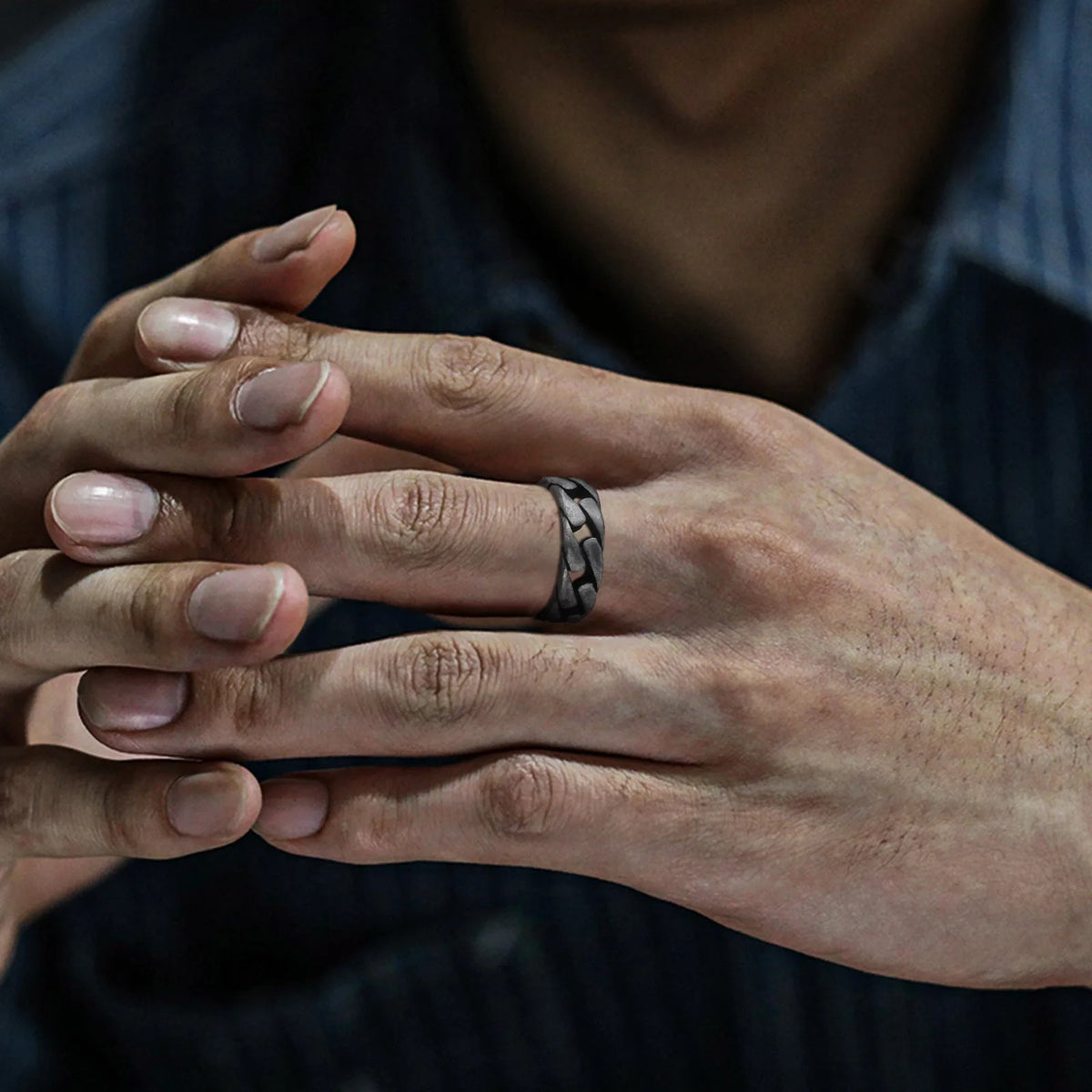 Men Vintage Oxidized Stainless Steel Rings, Links Shaped Finger Band, Punk Rock Male Alliance  (GoldenCity)