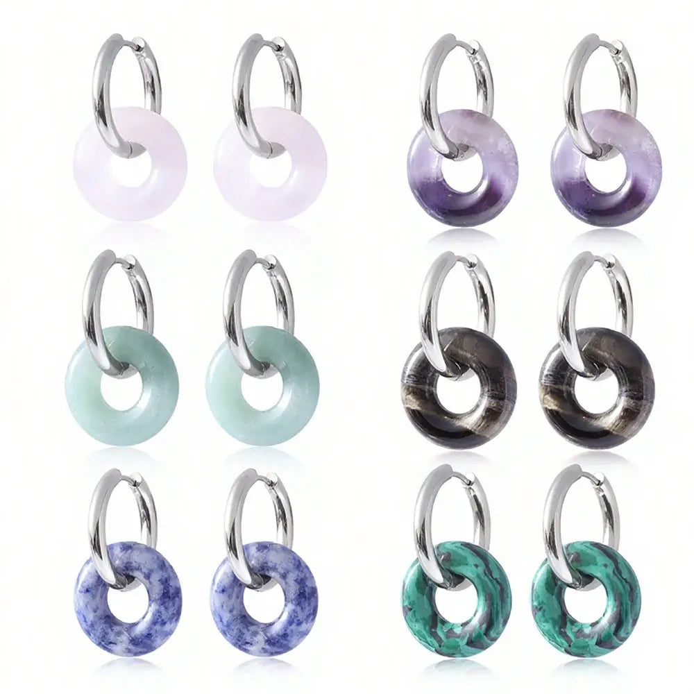 1pair Natural Stone Donut Shaped Stainless Steel Hoop Earrings Ladies Fashion Pink Crystal Agate Malachite Round Women Earrings  (GoldenCity)