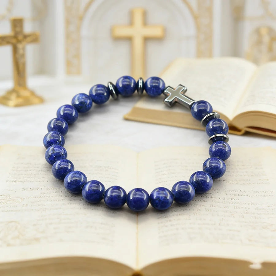 Prayer Cross Charm Natural Stone Beads Bracelet Men Women Rosary Hematite Cross Bracelet Onyx Meditation Bracelet Yoga Jewelry  (GoldenCity)