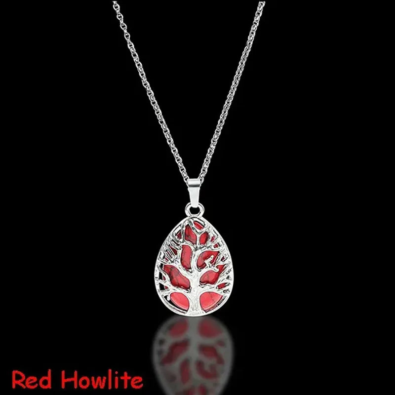 Tree of Life Natural Gemtone Crystal Amethyst Rose Quartz Tiger Eye Stone Water Drop Pendant Necklace for Women Men Jewelry  (GoldenCity)