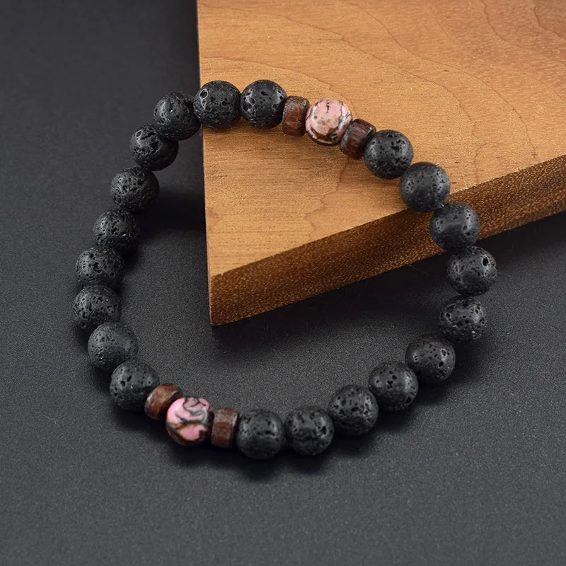 Genuine Rhodonite Beaded Bracelet Men Womne Natural Energy Volcanic Stone Beads Stretch Wrist Bracelet Yoga Healing Gem Jewelry  (GoldenCity)