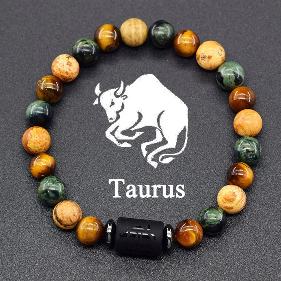 12 Zodiac Sign Bracelet Homme Constellation Bangle Natural Yellow Tiger Eye Stone Hematite Cancer Virgo Leo Libra Bracelet Women  (GoldenCity)
