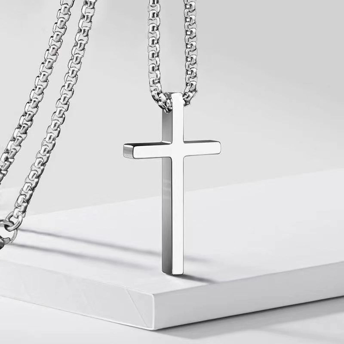 Cross Necklace for Men Women, Silver Color Plain Alloy Metal Cross Pendant Collar with Stainless Steel Box Chain  (GoldenCity)