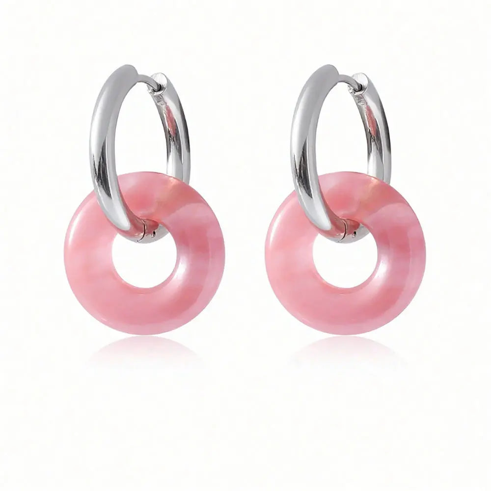1pair Natural Stone Donut Shaped Stainless Steel Hoop Earrings Ladies Fashion Pink Crystal Agate Malachite Round Women Earrings  (GoldenCity)