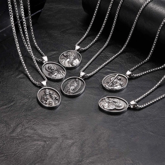Stainless Steel Necklaces For Men Women Saint Christopher Elliptical Tag Black Pendant Classic Faith Jewelry Gifts  (GoldenCity)