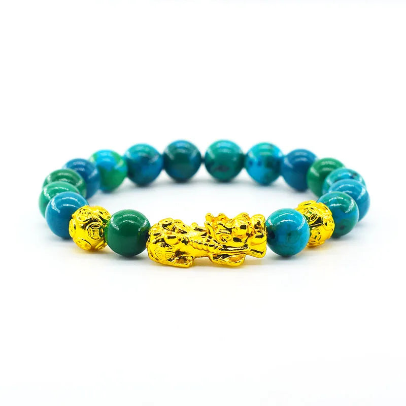 Pixiu Bracelet Feng Shui Wealth and Good Luck Bracelet Homme Wristband Gold Color Obisidian Stone Beads Black Six Character Gift  (GoldenCity)