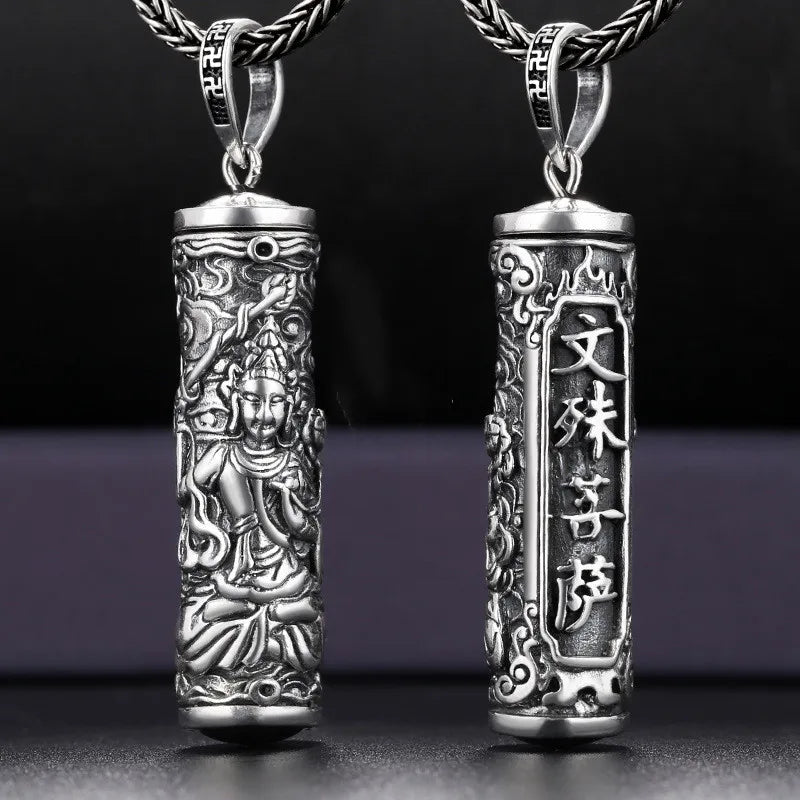 Tibetan Retro Buddha Shurangama Mantra Pendant Necklace For Men Jewelry Fashion Silver 925 Neck Chain Male Necklace Boy Birthday Gift  (GoldenCity)