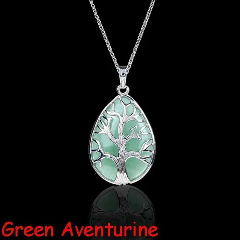 Tree of Life Natural Gemtone Crystal Amethyst Rose Quartz Tiger Eye Stone Water Drop Pendant Necklace for Women Men Jewelry  (GoldenCity)